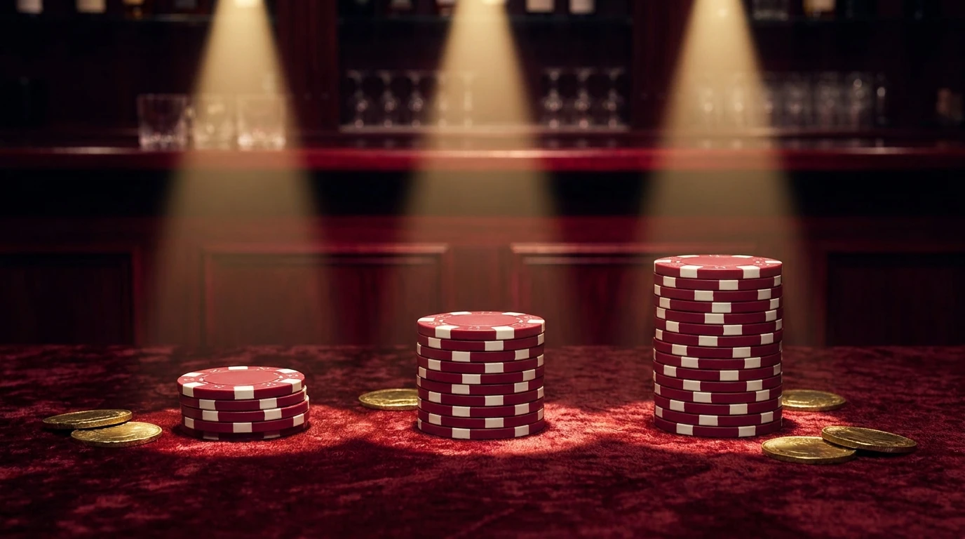 Three stacks of ruby casino chips on a dark stage