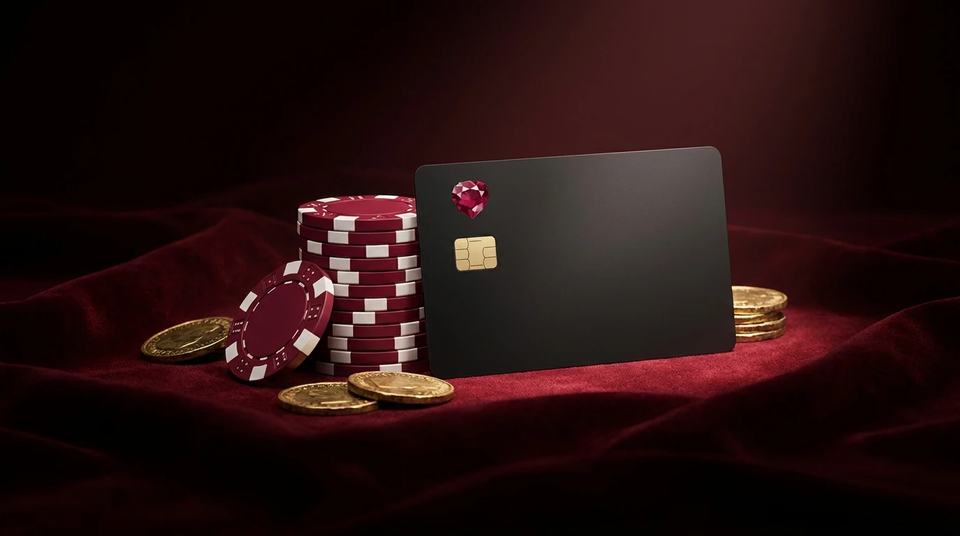 Ruby chips, gold coins and a bank card on dark velvet