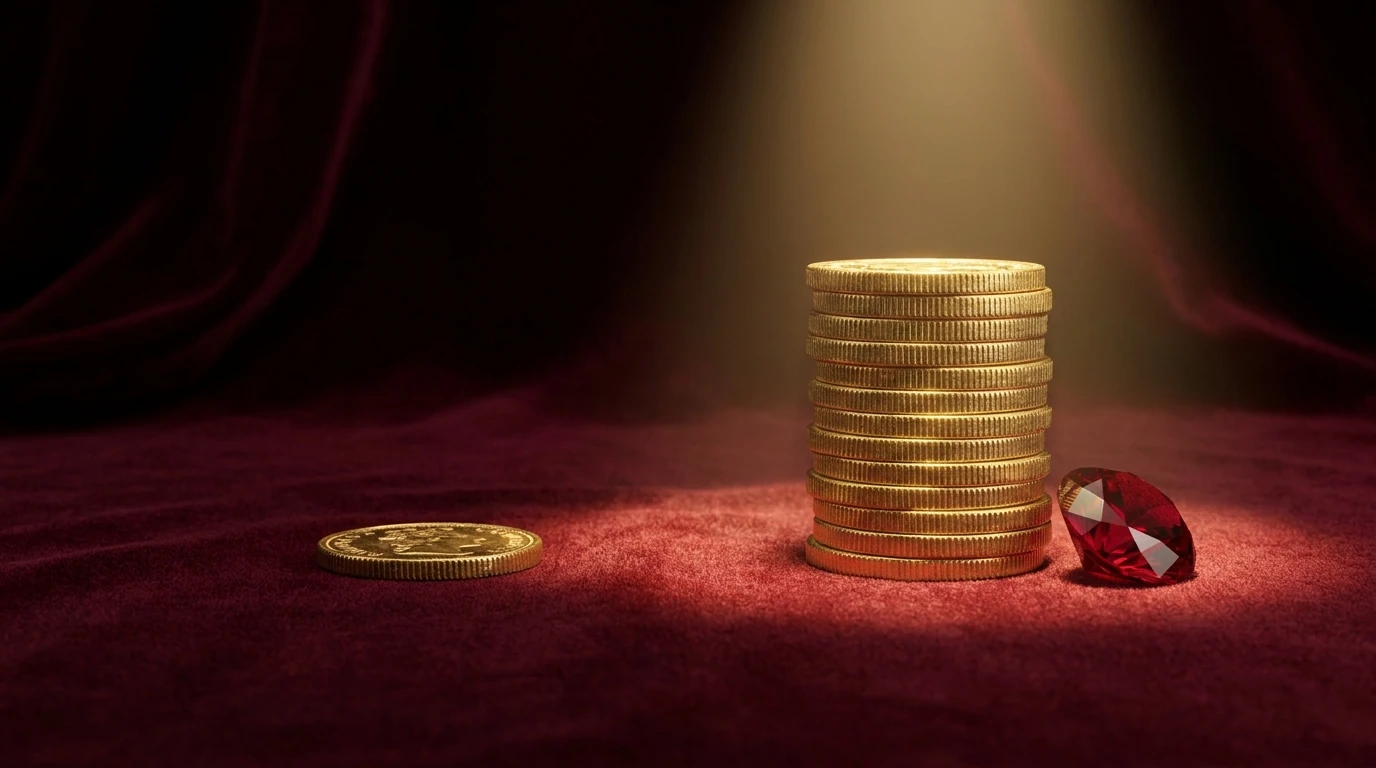 A single gold dollar coin facing a tall stack of ruby casino chips