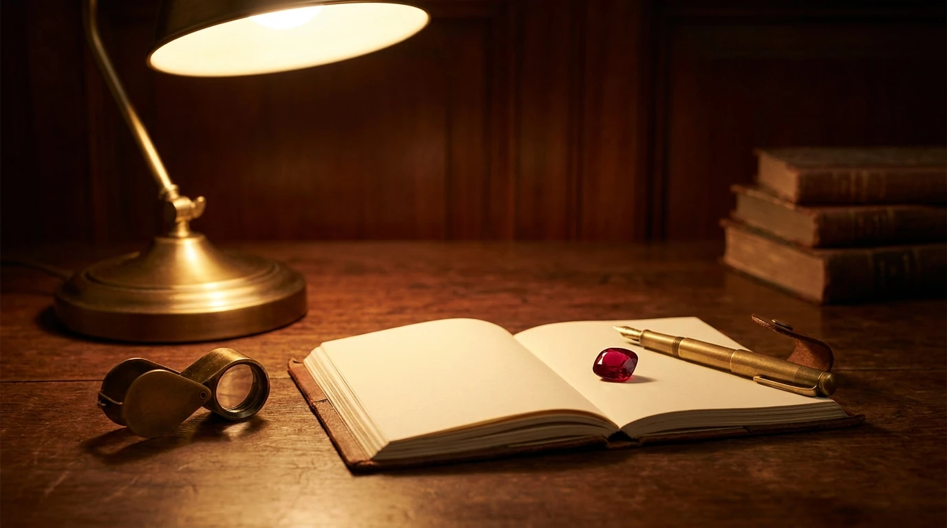 An editor's desk with notes, a lamp and a faceted ruby used as a paperweight