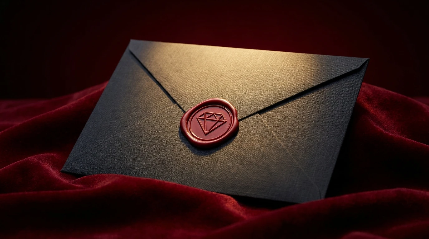 A sealed envelope with a ruby-red wax stamp on a dark desk