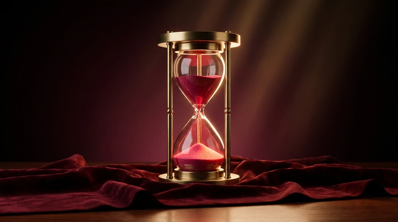An hourglass with deep red sand running out on a dark table