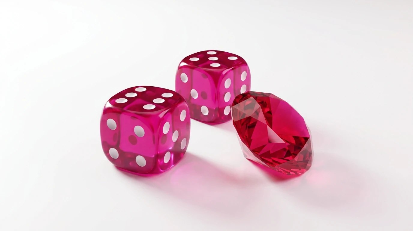 Pink casino dice and a faceted ruby — the brand's key visual, recreated