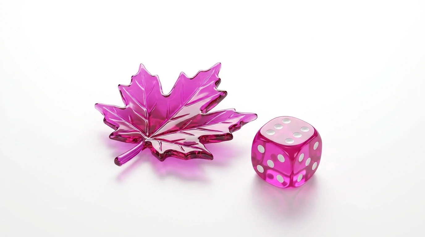 A pink glass maple leaf and a pink casino die — the brand's key visual, recreated
