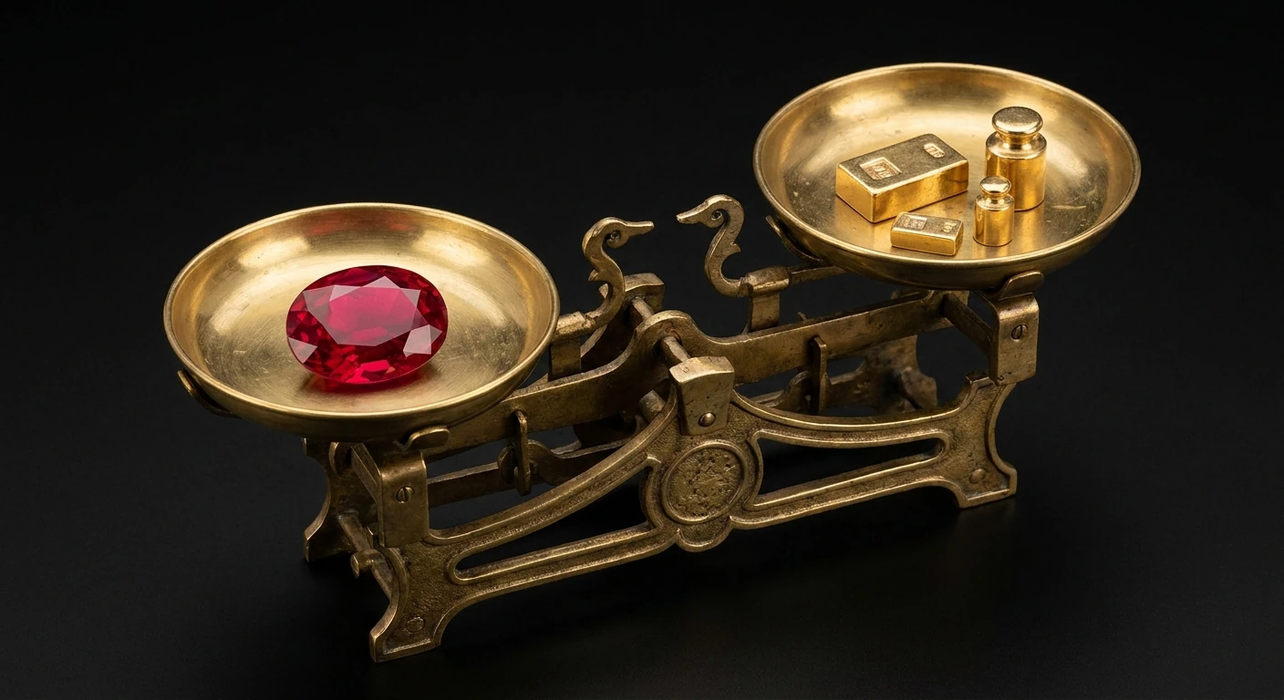 Brass scales balancing a faceted ruby against gold coins on a dark stage