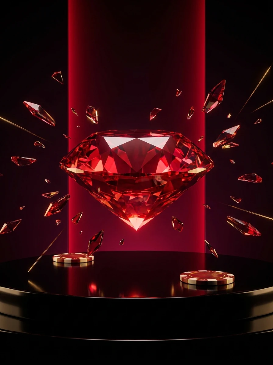 A faceted ruby on a dark casino stage, dimmed