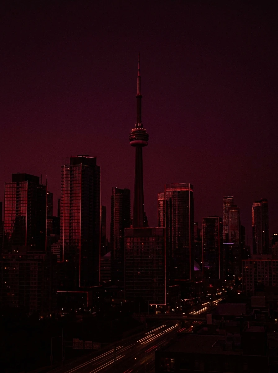 Toronto skyline with the CN Tower rendered in deep ruby tones — our art
